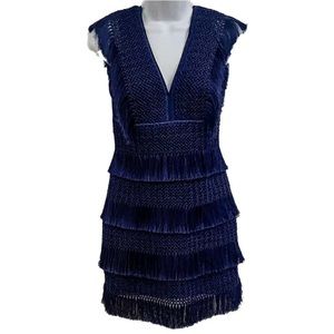 PatBo Plunge V-Neck Tiered Fringe Crochet Knit Tassel Mini Dress Size:6